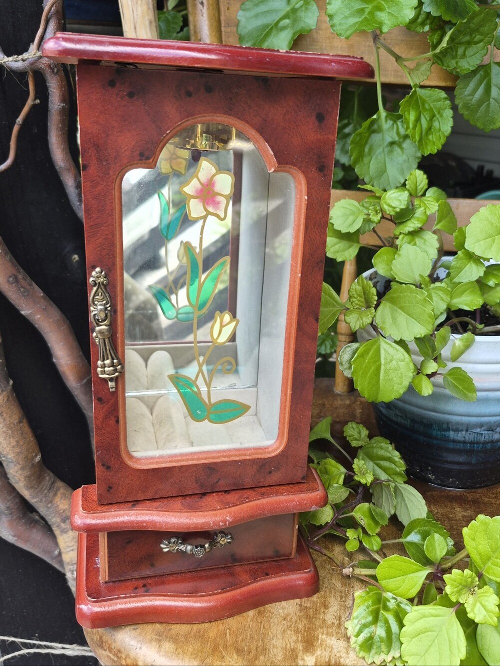 Gorgeous Wooden Vintage Jewelry Box Floral Painted Door